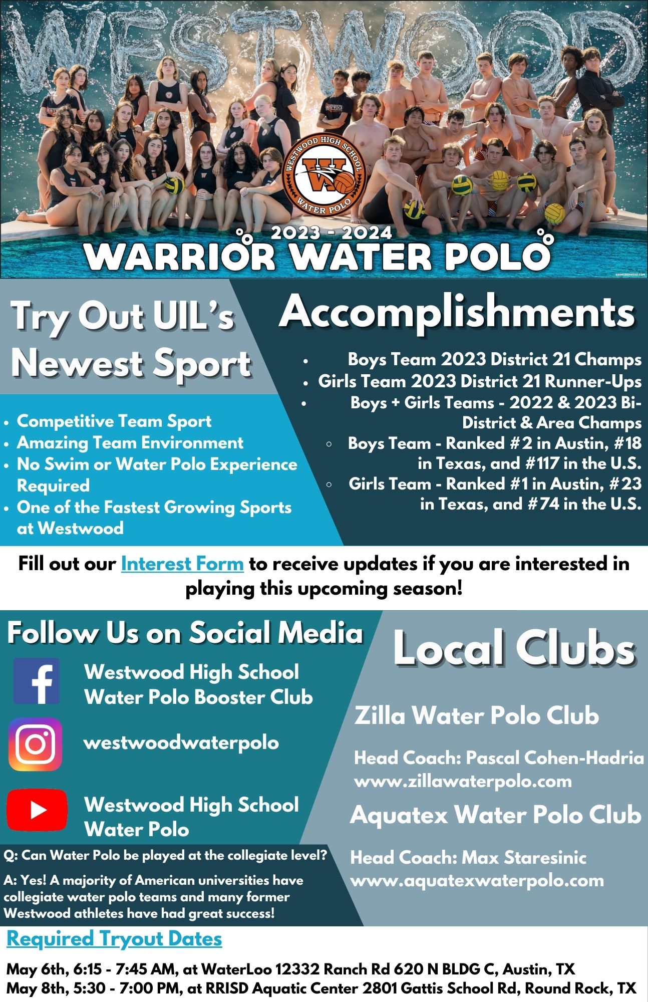 Warrior Boys Water Polo Tryouts May 6th